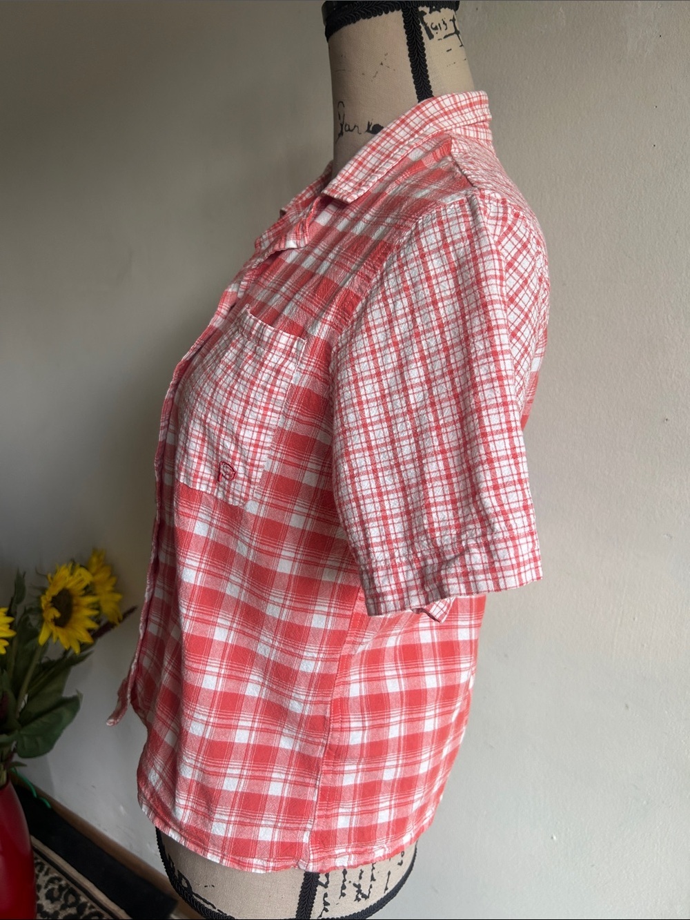 Penfield Short Sleeve Plaid Button Down Orange White Top Size Small - Picture 4 of 9